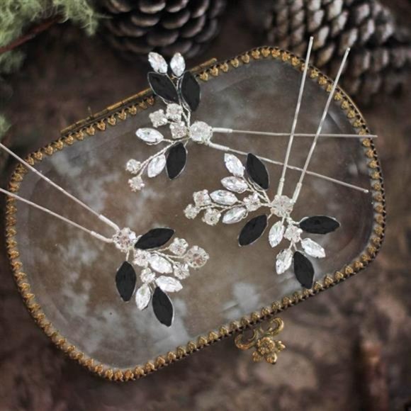 Crystal Bride Wedding Hair Pins Silver Hair Piece Bridal Flower Black main image 2
